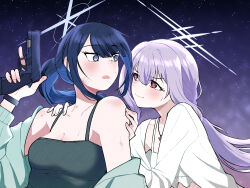  2girls atsuko_(blue_archive) black_camisole blue_archive blue_eyes blue_hair blush bruise_on_arm bruise_on_neck camisole commentary_request gun halo handgun hands_on_another&#039;s_shoulders highres holding holding_gun holding_weapon jewelry long_hair manmaderain multicolored_hair multiple_girls necklace night open_mouth outdoors ponytail purple_hair red_eyes saori_(blue_archive) scar scar_on_face shirt sky smile star_(sky) starry_sky sweat two-tone_hair watch weapon white_shirt wristwatch yuri 