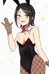  :d alternate_costume animal_ears bababaeki00 black_gloves black_leotard blush bow bowtie breasts brown_hair brown_pantyhose danganronpa:_trigger_happy_havoc danganronpa_(series) detached_collar fake_animal_ears female fishnet_pantyhose fishnets freckles gloves grey_eyes highres ikusaba_mukuro leotard open_mouth pantyhose rabbit_ears red_bow red_bowtie short_hair small_breasts smile solo sweat two-tone_bow two-tone_bowtie white_bow white_bowtie 