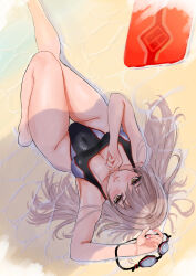  absurdres bare_shoulders beach blonde_hair blush breasts cleavage commentary covered_navel female goddess_of_victory:_nikke goggles groin highres kickboard large_breasts long_hair looking_at_viewer lying ocean official_alternate_costume on_back one-piece_swimsuit ramuneogura rapi_(classic_vacation)_(nikke) rapi_(nikke) red_eyes smile solo swim_goggles swimsuit unworn_goggles 