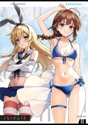  2girls bikini black_hairband black_neckerchief black_panties black_ribbon blonde_hair blue_bikini blue_eyes blush bow braid breasts brown_hair buttons commentary_request crop_top double-breasted elbow_gloves front-tie_bikini_top front-tie_top gloves hair_between_eyes hair_ornament hair_ribbon hairband hairbow hairpin hanako_(peanut) highleg highleg_panties hip_focus kantai_collection long_hair looking_at_viewer medium_breasts medium_hair midriff multiple_girls navel neckerchief panties parted_lips red_bow ribbon sailor_collar school_uniform serafuku shigure_(kancolle) shigure_kai_san_(kancolle) shigure_kai_san_(swimsuit)_(kancolle) shimakaze_(kancolle) shirt side-tie_bikini_bottom single_braid skindentation sleeveless sleeveless_shirt small_breasts smile striped_clothes striped_thighhighs swimsuit thigh_strap thighhighs thighs underwear very_long_hair white_gloves white_shirt 