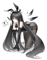  ! absurdres all_fours alternate_costume animal_ears arknights black_eyes black_gloves black_hair black_halo black_pantyhose black_wings breasts cleavage closed_mouth commentary_request elbow_gloves energy_wings fake_animal_ears female gloves halo highres horn/wood leotard long_hair looking_at_viewer pantyhose playboy_bunny rabbit_ears rabbit_tail simple_background small_breasts solo spoken_exclamation_mark strapless strapless_leotard tail very_long_hair virtuosa_(arknights) white_background wings 