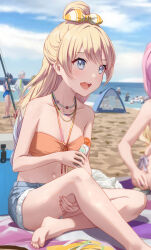  2girls anyoji_hime applying_sunscreen beach bikini blonde_hair blue_eyes blue_hair breasts cloud cloudy_sky collarbone commentary_request denim denim_shorts full_body gradient_hair hair_bun halterneck highres jewelry kachimachi_kosuzu light_blue_hair link!_like!_love_live! long_hair looking_at_another lotion love_live! multicolored_hair multiple_girls murano_sayaka navel necklace ocean oerba_yun_fang official_alternate_costume official_alternate_hairstyle open_mouth orange_bikini osawa_rurino outdoors shamakho shorts single_hair_bun sitting sky small_breasts smile solo_focus sunscreen swimsuit teeth upper_teeth_only water yugiri_tsuzuri 