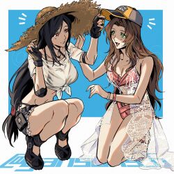  2girls aerith_gainsborough aerith_gainsborough_(sunny_robe) baseball_cap bikini bikini_under_clothes breasts crop_top denim denim_skirt elbow_pads final_fantasy final_fantasy_vii final_fantasy_vii_ever_crisis frayed_skirt front-tie_top hat headwear_switch highres kneeling long_hair low-tied_long_hair multiple_girls pink_bikini roku_(gansuns) see-through see-through_shirt shirt single_elbow_pad skirt squatting straw_hat swimsuit tifa_lockhart tifa_lockhart_(lifeguard) two-tone_headwear wet wet_clothes wet_shirt whistle whistle_around_neck 