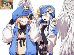  black_gloves blonde_hair blue_hair blue_jacket bridget cabbie_hat closed_eyes dizzy_(guilty_gear) feathered_wings fingerless_gloves flower garden27 gloves guilty_gear guilty_gear_strive guilty_gear_xx hair_flower hair_ornament hat highres jacket open_mouth pirate_hat reference_inset simple_background smile upper_body white_background wings 