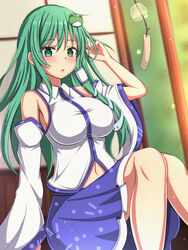  bare_shoulders blue_skirt blurry blurry_background blush breasts collared_shirt commentary cowboy_shot day detached_sleeves eyes_visible_through_hair female frilled_skirt frills frog_hair_ornament green_eyes green_hair hair_ornament hand_in_own_hair hand_up highres kochiya_sanae large_breasts light_particles long_hair long_sleeves looking_at_viewer making-of_available navel parted_lips rimasu71 shirt sitting skirt sleeveless sleeveless_shirt snake_hair_ornament solo touhou white_shirt white_sleeves wide_sleeves 