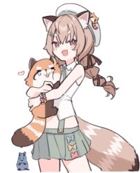  absurdres animal_ear_fluff animal_hug brown_hair female green_skirt hair_ornament hairclip hat heart highres komachi_panko long_hair looking_at_viewer lyrinne mouse_(animal) oerba_yun_fang open_mouth phase_connect red_eyes red_panda red_panda_ears red_panda_girl red_panda_tail shirt simple_background skin_fang skirt sleeveless sleeveless_shirt smile thick_eyebrows virtual_youtuber white_background white_hat white_shirt 