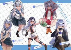  absurdres baseball baseball_cap baseball_mitt baseball_uniform black_jacket blue_sailor_collar blue_skirt blush bottle breasts fate/grand_order fate_(series) female forked_eyebrows grey_skirt grin hat highres jacket klash long_hair looking_at_viewer mask melusine_(fate) mouth_mask multiple_views neckerchief one_eye_closed pantyhose pitching ponytail red_jacket red_shorts sailor_collar shirt shoes short_sleeves shorts sidelocks skirt small_breasts smile sneakers sportswear sweater_vest thighs track_jacket translation_request tying_hair water_bottle wet white_hair white_shirt yellow_eyes 