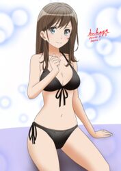  arm_support bare_arms bare_shoulders bikini black_bikini blue_eyes breasts brown_hair cleavage closed_mouth collarbone dated female front-tie_bikini_top front-tie_top hair_between_eyes halterneck hibike!_euphonium kuroe_mayu long_hair looking_at_viewer medium_breasts navel sakayaya side-tie_bikini_bottom signature sitting smile solo string_bikini swimsuit white_background 