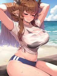  animal_ear_fluff animal_ears antlers arms_behind_head beach bikini bikini_under_clothes black_bikini bloody0rabby blue_sky breasts brown_hair closed_eyes closed_mouth cloud commentary day deer_ears deer_girl diana_(trickcal) female highres horns large_breasts long_hair midriff navel ocean outdoors see-through see-through_shirt shirt sitting sky solo sweat swimsuit thighs tied_shirt trickcal white_shirt 