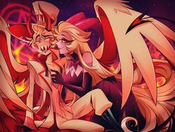  1boy absurdres blonde_hair blush chandllucky couple demon_boy demon_girl demon_horns dress face-to-face female hazbin_hotel highres horns husband_and_wife lilith_(hazbin_hotel) long_hair looking_at_another lucifer_morningstar_(hazbin_hotel) male_focus purple_dress sitting very_long_hair 