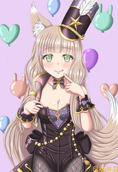  absurdres animal_ears balloon breasts collarbone female fishnets fox_ears fox_girl fox_tail green_eyes hat_feather heart_balloon highres kei_03 licking_lips light_brown_hair long_hair maho_(dream_park)_(princess_connect!) maho_(princess_connect!) medium_breasts pink_background playboy_bunny princess_connect! rabbit_balloon solo tail tongue tongue_out twitter_username wrist_cuffs 