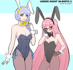  2girls animal_ears black_leotard blue_ribbon blush bow bowtie breasts character_name cleavage copyright_name covered_navel detached_collar fake_animal_ears glasses gloves grey_hair hairband highres izumi_(under_night_in-birth) leotard long_hair looking_at_viewer multiple_girls navel open_mouth pantyhose pink-framed_eyewear pink-tinted_eyewear pink_hair playboy_bunny rabbit_ears red_seiryu ribbon semi-rimless_eyewear side_ponytail simple_background small_breasts smile strapless strapless_leotard tinted_eyewear traditional_bowtie under-rim_eyewear under_night_in-birth under_night_in-birth_2_sys:celes uzuki_(under_night_in-birth) wrist_cuffs yellow_eyes yellow_hairband 