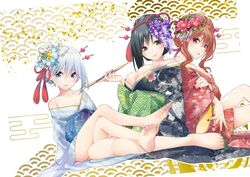  3girls absurdres amagami-san_chi_no_enmusubi amagami_asahi amagami_yae amagami_yuna back-to-back bare_legs barefoot black_hair blue_eyes blue_kimono blush breasts cleavage closed_mouth collarbone commentary_request double-parted_bangs eyeshadow feet floral_print_kimono flower green_eyes green_nails hair_between_eyes hair_flower hair_ornament hand_on_own_arm highres holding holding_smoking_pipe japanese_clothes kimono large_breasts legs looking_at_viewer looking_to_the_side makeup marcey medium_breasts medium_hair multiple_girls nail_polish off_shoulder parted_lips red_eyeshadow red_hair red_kimono red_nails second-party_source siblings sisters sitting small_breasts smile smoking_pipe toenail_polish toenails toes wariza white_hair yukata 