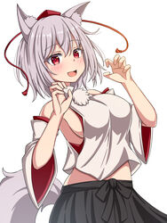  :d animal_ear_fluff animal_ears black_skirt blush breasts claw_pose commentary cowboy_shot detached_sleeves female grey_hair grey_shirt grey_sleeves grey_tail hair_between_eyes hands_up hat highres inubashiri_momiji large_breasts looking_at_viewer midriff_peek oerba_yun_fang open_mouth pom_pom_(clothes) red_eyes rimasu71 shirt short_hair sideboob simple_background skirt sleeveless sleeveless_shirt smile solo split_mouth standing tail tokin_hat touhou turtleneck turtleneck_shirt white_background wide_sleeves 