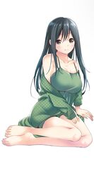  amagami-san_chi_no_enmusubi amagami_yae asymmetrical_bangs bare_legs barefoot black_hair blush breasts closed_mouth collarbone commentary_request feet female full_body green_nightgown hair_between_eyes highres large_breasts legs long_hair looking_at_viewer marcey nightgown off_shoulder polka_dot polka_dot_shirt second-party_source shirt simple_background sitting smile solo straight_hair toenails toes white_background 