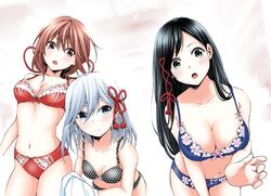  3girls :o amagami-san_chi_no_enmusubi amagami_asahi amagami_yae amagami_yuna black_bra black_hair black_panties blue_bra blue_eyes blue_panties blush bra breasts brown_eyes brown_hair cleavage closed_mouth collarbone commentary_request cowboy_shot double-parted_bangs green_eyes hair_between_eyes lace-trimmed_bra lace-trimmed_panties lace_trim large_breasts leaning_forward long_bangs long_hair looking_at_viewer marcey medium_breasts medium_hair multiple_girls navel open_mouth panties polka_dot polka_dot_bra polka_dot_panties red_bra red_panties red_ribbon ribbon second-party_source shirt siblings sisters small_breasts standing straight_hair swept_bangs teeth underwear underwear_only undressing upper_teeth_only white_hair white_shirt 