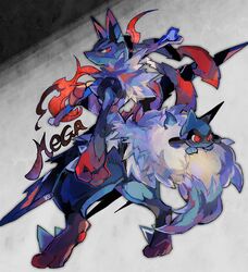  2019 ambiguous_gender anthro back_tuft black_body black_fur blue_body blue_fur chest_spike duo fur generation_4_pokemon generation_6_pokemon holding_object kantarou mega_evolution mega_lucario multicolored_arms nintendo pokemon pokemon_(species) red_eyes riolu simple_background spikes spikes_(anatomy) tail tuft 