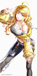  ;d ahoge arm_up bare_shoulders black_pants blonde_hair blue_eyes breasts collarbone commentary_request copyright_notice cropped_jacket feet_out_of_frame female fujima_takuya grey_background hair_between_eyes hat highspeed_etoile jacket long_sleeves looking_at_viewer medium_breasts midriff multicolored_hair navel off-shoulder_jacket off_shoulder official_art one_eye_closed orange_hair pants puffy_long_sleeves puffy_sleeves see-through simple_background sleeves_past_wrists smile solo sophia_b_tokitou two-tone_hair visor_cap white_background yellow_hat yellow_jacket 