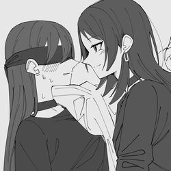  2girls bang_dream! bang_dream!_it&#039;s_mygo!!!!! blindfold blush choker closed_mouth commentary_request earrings greyscale highres jewelry long_hair looking_at_another medium_hair monochrome multiple_girls nanami_(nunnun_0410) nervous_sweating shiina_taki shirt sweat yahata_umiri yuri 