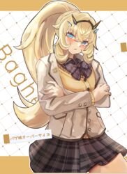  absurdres barghest_(fate) black_skirt blonde_hair blush bow bowtie breasts collared_shirt crossed_arms fate/grand_order fate_(series) female green_eyes grey_jacket highres horns jacket klash large_breasts long_hair long_sleeves looking_at_viewer ponytail shirt skirt solo sweater thighs translation_request yellow_sweater 