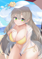  absurdres bad_id bad_pixiv_id beach bikini blue_archive blush breasts cleavage closed_mouth collarbone cowboy_shot day female green_eyes hair_between_eyes hat highres jacket large_breasts light_brown_hair long_hair long_sleeves looking_at_viewer nonomi_(blue_archive) nonomi_(swimsuit)_(blue_archive) ocean official_alternate_costume open_clothes open_jacket osmium-76 outdoors see-through see-through_jacket see-through_sleeves smile solo swimsuit white_hat yellow_bikini 