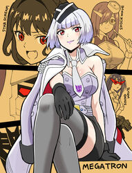  4girls black_gloves black_hair black_hat black_skirt black_thighhighs blue_hair breasts character_name cleavage commentary_request decepticon detached_collar garrison_cap genderswap_(mtf) gloves grey_hair grey_necktie hair_intakes hair_over_one_eye hand_on_own_leg hat highres holding holding_pointer humanization jacket jacket_on_shoulders kamina_shades komagoma kotobukiya_bishoujo mecha medium_breasts megatron megatron_(kotobukiya_bishoujo) multiple_girls necktie non-humanoid_robot oerba_yun_fang one_side_up open_mouth pointer purple_hair purple_jacket purple_lips purple_shirt ravage_(transformers) robot rule_63 shirt shockwave_(transformers) short_hair sitting skirt sleeveless sleeveless_shirt smile soundwave_(transformers) starscream starscream_(kotobukiya_bishoujo) strapless strapless_shirt thighhighs transformers transformers:_generation_1 