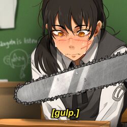  absurdres belt_buckle black_hair black_vest blurry blurry_background blush buckle chainsaw chainsaw_man chainsaw_man&#039;s_handjob_scene chalkboard cross_scar dress female flustered fourth_east_high_school_uniform highres indoors khyle. long_hair meme nayuta_(chainsaw_man) nose_blush phallic_symbol pinafore_dress ringed_eyes scar scar_on_cheek scar_on_face school_uniform shirt sleeveless sleeveless_dress solo sweat upper_body very_sweaty vest white_shirt yellow_eyes yoru_(chainsaw_man) 