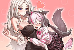  2girls ahoge animal_ear_fluff animal_ears between_breasts black_bow black_dress black_footwear black_skirt blue_eyes blush bow bowtie breasts brown_hair dress gotica grey_hair hairbow hand_on_another&#039;s_head head_between_breasts heart highres hug jacket jewelry large_breasts lee_rein long_hair low_twintails mole mole_under_eye motion_lines multicolored_footwear multicolored_hair multiple_girls nana_ring necklace open_clothes open_jacket open_mouth pink_bow pink_bowtie pink_footwear pink_hair pink_skirt pink_socks pink_sweater_vest plaid plaid_skirt shirt skirt socks strap_slip sweater_vest tail tongue twintails virtual_youtuber vlyz white_bow white_footwear white_hair white_jacket white_shirt yuri 