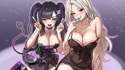  2girls absurdres belt_collar black_collar black_dress black_footwear black_hair blush breasts collar collarbone condom condom_wrapper cross-laced_clothes cross-laced_dress demon_tail dress earrings gold_necklace gotica grey_hair highres holding holding_condom jewelry large_breasts lee_rein long_hair mole mole_on_breast mole_under_eye moon_momo multicolored_hair multiple_girls necklace panties purple_hair sparkle strap_slip streaked_hair tail tongue tongue_out underwear v virtual_youtuber vlyz wing_hair_ornament 