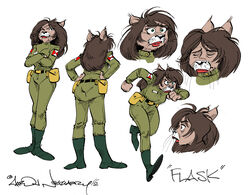  aaron_neathery angry anthro brown_body brown_fur brown_hair clothed clothing crossed_arms determined endtown felid feline female fully_clothed fully_clothed_anthro fur hair larger_female mammal model_sheet philomena_flask sad size_difference solo whiskers 