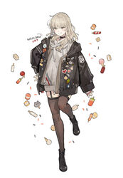  black_choker black_footwear black_jacket black_thighhighs boots candy choker commentary cookie copyright_name drawstring english_commentary female food full_body garter_straps girls_band_cry grey_eyes grey_hoodie grin hood hoodie ice_cream ice_cream_cone ice_cream_sandwich jacket jewelry kawaragi_momoka light_brown_hair long_hair looking_at_viewer necklace open_clothes open_jacket open_mouth popsicle simple_background skindentation smile solo standing standing_on_one_leg starshadowmagician thighhighs white_background 