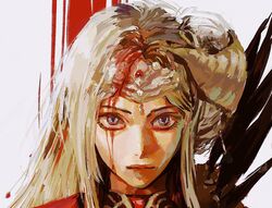  bleeding_from_forehead blood blue_eyes closed_mouth commentary edelgard_von_hresvelg english_commentary eyelashes fake_horns female fire_emblem fire_emblem:_three_houses highres horns iokuso long_hair meme nah_i&#039;d_win_(meme) portrait single_horn solo white_background white_hair 