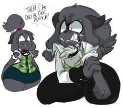  2018 absurd_res angry animal_crossing anthro bared_teeth bell bell_hair_tie black_bottomwear black_clothing black_collar black_eyebrows black_freckles black_nose black_pants blue_bottomwear blue_clothing blue_skirt bottomwear bow_tie button_(fastener) canid canine clothing collar colored cosplay dewlap_(anatomy) english_test eye_scar eyebrow_through_hair eyebrows facial_scar fangs female freckled_face freckles fur green_clothing green_topwear green_vest grey_body grey_ears grey_fur grey_hair hair hi_res isabelle_(animal_crossing) jealous jingle_bell mammal mythological_canine mythological_creature mythology nintendo pants pencil_skirt plaid pockets red_bow_tie red_hair_tie rolling_up_sleeves scar scout_(toxicsoul77) sharp_teeth simple_background skirt solo speech_bubble sweater sweater_vest teeth thick_thighs topwear toxicsoul77 translucent translucent_hair vest were werecanid werecanine werewolf white_background white_dress_shirt white_hair_tie white_scar wide_hipped_anthro wide_hipped_female wide_hips 