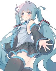  aqua_hair aqua_nails aqua_necktie aqua_trim ass bare_shoulders black_skirt black_sleeves black_thighhighs blue_eyes blush breasts closed_mouth commentary detached_sleeves female frilled_shirt frilled_shirt_collar frills from_below grey_shirt hair_between_eyes hair_ornament hatsune_miku long_hair looking_at_viewer miniskirt nail_polish necktie nekonika_(e102k) outstretched_hand pleated_skirt shirt sidelocks skirt sleeveless sleeveless_shirt small_breasts smile solo thighhighs twintails very_long_hair vocaloid 