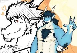  anothereidos_of_dragon_vein_r anthro arm_tuft athletic athletic_male big_nipples blue_body blue_hair blue_scales clawed_fingers complexmotivess dragon ear_piercing ear_ring elbow_tuft folker_(anothereidos_r) fur gesture hair hand_gesture hi_res horn male mythological_creature mythological_scalie mythology navel nipples pawpads pecs piercing ponytail pubes ring_piercing scales scalie side_view solo tan_body tan_fur tuft v_sign 