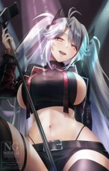  :d antenna_hair azur_lane belt black_belt black_jacket black_panties black_shirt black_shorts black_thighhighs blush bow bowtie breasts commentary_request cowboy_shot cropped_jacket female grey_hair hair_between_eyes head_tilt headgear highleg highleg_panties highres holding holding_microphone idol idol_clothes jacket large_breasts long_hair long_sleeves looking_at_viewer microphone multicolored_hair navel official_alternate_costume open_clothes open_jacket open_mouth panties parted_bangs plaid plaid_bow plaid_bowtie prinz_eugen_(azur_lane) prinz_eugen_(muse)_(azur_lane) red_hair shirt short_shorts shorts sideboob sidelocks signature sitting skindentation smile solo spotlight stomach streaked_hair swept_bangs takemi_mochi teeth thighhighs two_side_up underwear upper_teeth_only very_long_hair watermark 