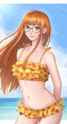  absurdres ahoge arms_behind_back beach bikini bikini_skirt bird blue_sky blunt_bangs breasts cleavage commentary cowboy_shot day female floating_hair food_print frilled_bikini frills glasses grin highres ikhwan_maulana lips long_hair looking_at_viewer navel ocean orange_hair outdoors persona persona_5 purple_eyes sakura_futaba sidelocks sky small_breasts smile solo stomach strawberry_print swimsuit very_long_hair yellow_bikini 