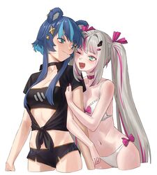  2girls ;d absurdres agemmata animal_ear_piercing animal_ears aqua_eyes arm_hug beamed_eighth_notes bear_ears belt_collar bikini black_choker black_shirt black_shorts black_tube_top blue_eyes blue_hair bow breasts choker cleavage collar commentary cowboy_shot cropped_legs eighth_note english_commentary fujikura_uruka grey_hair hair_intakes hair_ornament hair_ribbon hairclip highres long_hair looking_at_another looking_to_the_side medium_breasts multicolored_hair multiple_girls musical_note musical_note_print oerba_yun_fang one_eye_closed open_mouth phase_connect pink_bow pink_choker pink_hair pink_ribbon print_shorts ribbon rinkou_ashelia shirt short_hair_with_long_locks short_shorts shorts side-tie_bikini_bottom small_breasts smile strapless streaked_hair swimsuit thick_eyebrows tied_shirt tube_top twintails very_long_hair virtual_youtuber white_bikini 