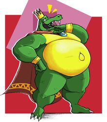  absurd_res anthro belly big_belly cape clothing crocodile crocodilian crocodylid cronolm crown donkey_kong_(series) fangs gold_belly green_body green_scales headgear hi_res k_rool kremling laugh looking_at_viewer male male_anthro nintendo open_mouth overweight overweight_anthro overweight_male pattern_background reptile scales scalie simple_background solo teeth 