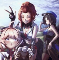  3girls :o absurdres ahoge arm_strap bangs_pinned_back bare_shoulders black_cape black_gloves black_hair black_shorts blue_eyes blue_hat blush bow bowtie braid breasts cape chest_sarashi chixia_(wuthering_waves) cleavage clothes_around_waist cloud cloudy_sky coat collarbone commentary crop_top cross-shaped_pupils day detached_sleeves dress elbow_pads encore_(wuthering_waves) facial_mark forehead_mark forehead_tattoo gloves grin hair_intakes half_gloves hand_on_own_hip hand_up hat high-waist_shorts highres holding holding_stuffed_toy long_hair looking_at_viewer low_twintails manjo_(warito) medium_breasts midriff multicolored_hair multiple_girls navel open_mouth outdoors pantyhose parted_bangs parted_lips pink_bow pink_bowtie pink_hair pink_pupils red_hair red_shorts sarashi shirt shirt_around_waist short_shorts shorts sidelocks single_bare_shoulder single_detached_sleeve single_elbow_pad single_glove single_half_glove sky smile standing stuffed_animal stuffed_sheep stuffed_toy symbol-only_commentary symbol-shaped_pupils tacet_mark_(wuthering_waves) tassel teeth twintails v waist_cape white_coat white_dress wuthering_waves yangyang_(wuthering_waves) 