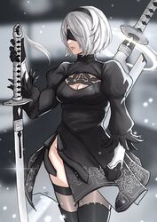  2b_(nier:automata) artist_name black_blindfold black_dress black_gloves black_hairband black_thighhighs blindfold blurry blurry_background bob_cut breasts cleavage cleavage_cutout closed_mouth clothing_cutout dress female gloves hairband highres ikhwan_maulana juliet_sleeves katana lips long_sleeves medium_breasts mole mole_under_mouth nier:automata nier_(series) planted planted_sword puffy_sleeves short_hair side_slit snow solo sword sword_on_back thighhighs weapon weapon_on_back white_hair 