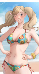  ;d absurdres beach bikini blonde_hair blue_eyes blue_sky breasts cloud collarbone commentary cowboy_shot day eyelashes female floral_print glint grin hair_ornament hairclip hands_on_own_hips happy heart highres ikhwan_maulana lips long_hair looking_at_viewer medium_breasts multicolored_bikini multicolored_clothes navel one_eye_closed outdoors persona persona_5 print_bikini scrunchie side-tie_bikini_bottom sky smile solo stomach swimsuit symbol-only_commentary takamaki_anne tsurime twintails wrist_scrunchie 