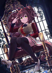  absurdres animal_ears aston_machan_(umamusume) blush breasts brown_hair closed_mouth commentary_request crown female fingernails full_body green_eyes hair_ornament highres horse_ears horse_girl horse_tail kokage_yugure large_breasts looking_at_viewer plant sash shoes sitting_on_throne smile tail thighhighs thighs throne umamusume v window 