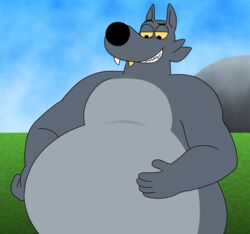  5_fingers anthro belly big_belly canid canine canis eyebrows fangs fingers get_my_goat gold_fang gold_fang_(get_my_goat) grass grey_body hand_on_belly hi_res humanoid_hands looking_down_at_stomach male male_anthro mammal overweight overweight_anthro overweight_male pipsqueak_animation plant raised_eyebrow rock sky smile solo teeth wolf wolfox90210 yellow_eyes 