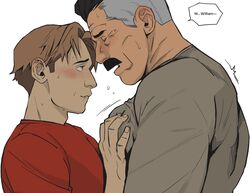  2boys age_difference bara black_hair blush bonjourdraws brown_hair closed_mouth english_text facial_hair grabbing grey_shirt highres invincible_(series) large_pectorals looking_at_another male_focus mature_male moustache multicolored_hair multiple_boys muscular muscular_male nolan_grayson pectoral_grab pectorals red_shirt shirt short_hair two-tone_hair white_background william_clockwell yaoi 