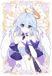  absurdres angel_wings aqua_eyes asymmetrical_gloves bare_shoulders blue_hair breasts cleavage closed_mouth detached_sleeves dress earrings facial_mark feathered_wings female ff2074 gloves hair_between_eyes halo hand_up head_wings highres honkai:_star_rail honkai_(series) jewelry long_hair looking_at_viewer purple_dress robin_(honkai:_star_rail) short_sleeves single_earring smile solo two-tone_dress uneven_gloves upper_body white_dress white_gloves white_wings wings 