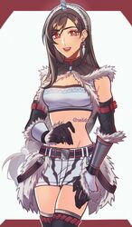  absurdres black_gloves black_hair breasts cleavage commentary cowboy_shot crop_top earrings female final_fantasy final_fantasy_vii final_fantasy_vii_ever_crisis fur_trim gloves hair_between_eyes hashtag-only_commentary highres horns jewelry kirin_(armor) long_hair looking_at_viewer low-tied_long_hair midriff miniskirt monster_hunter_(series) navel official_alternate_costume open_mouth pelt red_eyes seilidare single_earring single_horn skirt smile solo stomach strapless swept_bangs thighhighs tifa_lockhart tifa_lockhart_(kirin_suit) tube_top 