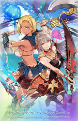  2girls armor asymmetrical_clothes atelier_(series) atelier_escha_&amp;_logy atelier_resleriana axe back-to-back battle_axe bikini_armor blonde_hair blue_capelet breasts capelet clothing_cutout commentary_request copyright_notice dark-skinned_female dark_skin faulds grey_hair highres holding holding_axe holding_sword holding_weapon huge_weapon hungry_clicker juna_waitz knee_pads linca_(atelier) linca_(eighth)_(atelier) long_hair looking_at_viewer medium_breasts multiple_girls official_alternate_costume official_art orange_eyes pauldrons pink_eyes short_hair shoulder_armor sideboob single_pauldron smile sword underboob_cutout weapon web_address 