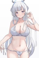  absurdres blue_archive blush bra breasts cleavage closed_mouth commentary cowboy_shot female grey_bra grey_hair grey_panties grin halo highres kirin_(kirin1023) large_breasts long_hair looking_at_viewer mechanical_halo navel noa_(blue_archive) panties purple_eyes simple_background smile solo underwear white_background 