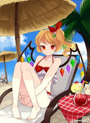  barefoot beach bendy_straw bikini blonde_hair blue_sky chair cloud cocktail cocktail_umbrella commentary_request day drink drinking_straw female flandre_scarlet food frilled_bikini frills fruit glass hair_ornament hair_ribbon himaya hugging_own_legs ice ice_cube knees_together_feet_apart knees_up legs lemon lemon_slice long_hair looking_at_viewer lounge_chair outdoors palm_tree pigeon-toed red_bikini red_eyes red_ribbon ribbon side_ponytail sitting sky smile solo swimsuit table touhou tree tropical_drink umbrella wings 